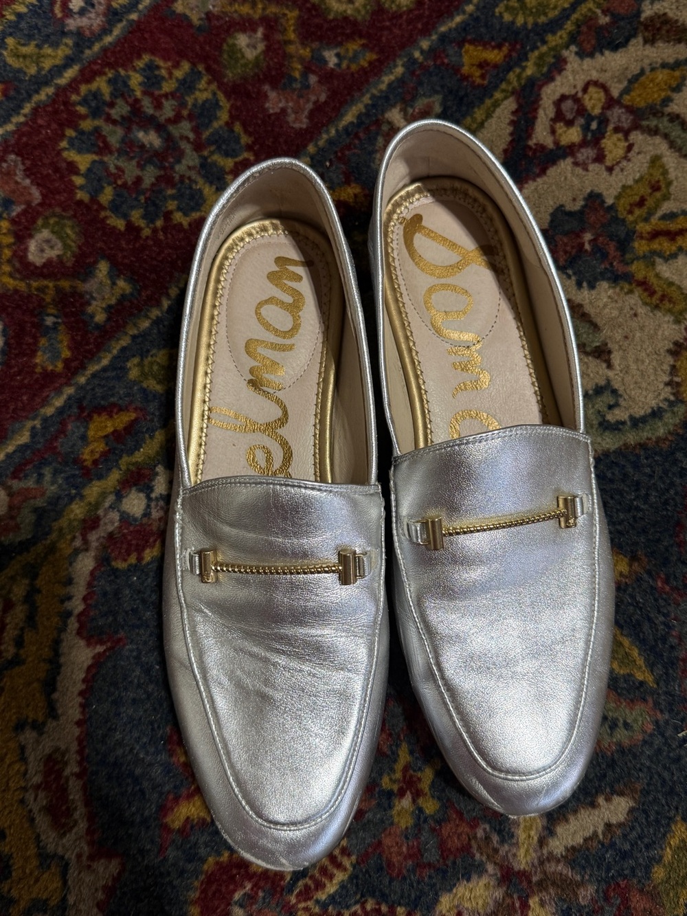 Sam Edelman Metallic Silver Loafers with Gold Bit